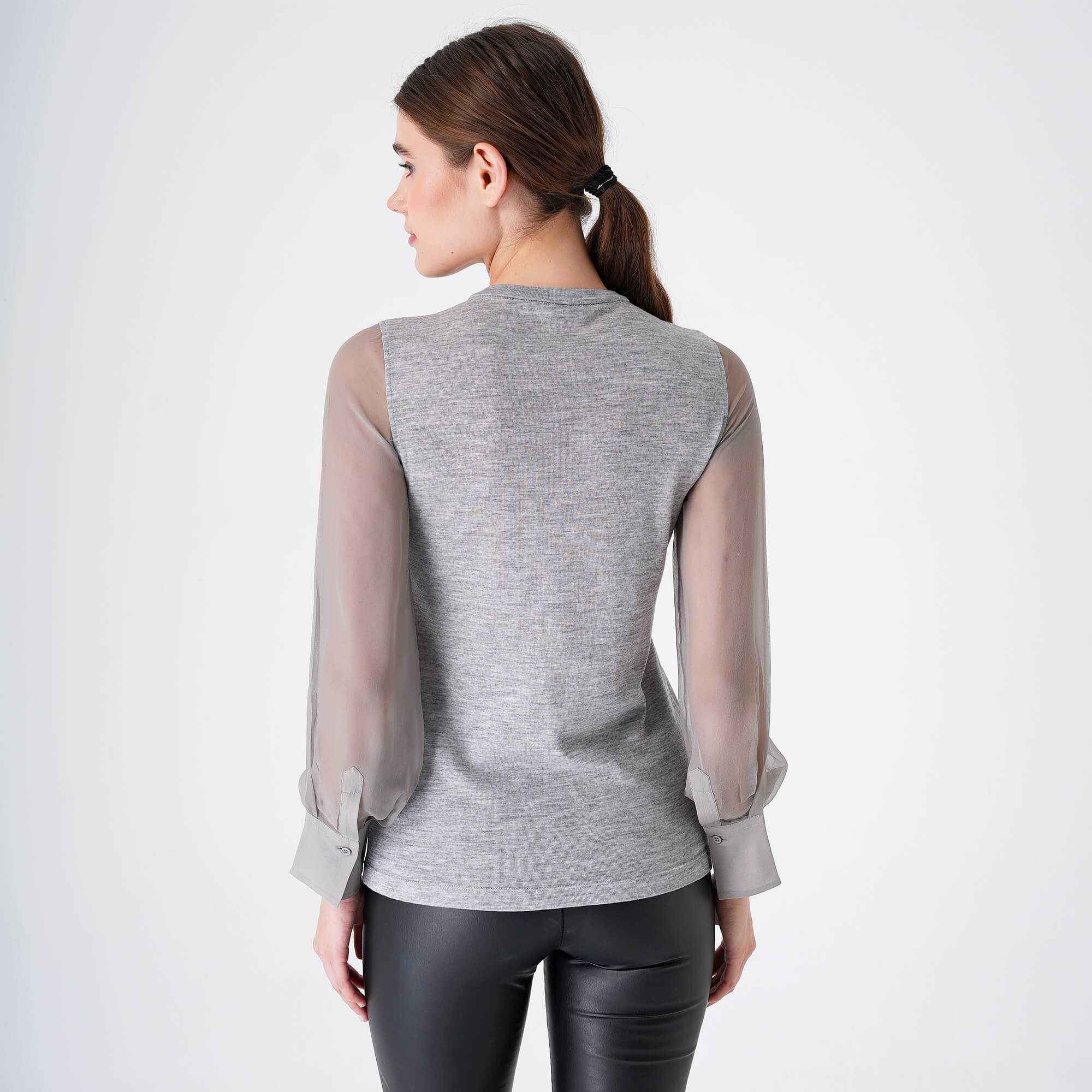 Brunello Cucinelli - Grey Wool&Transparented Sleeve Blousse